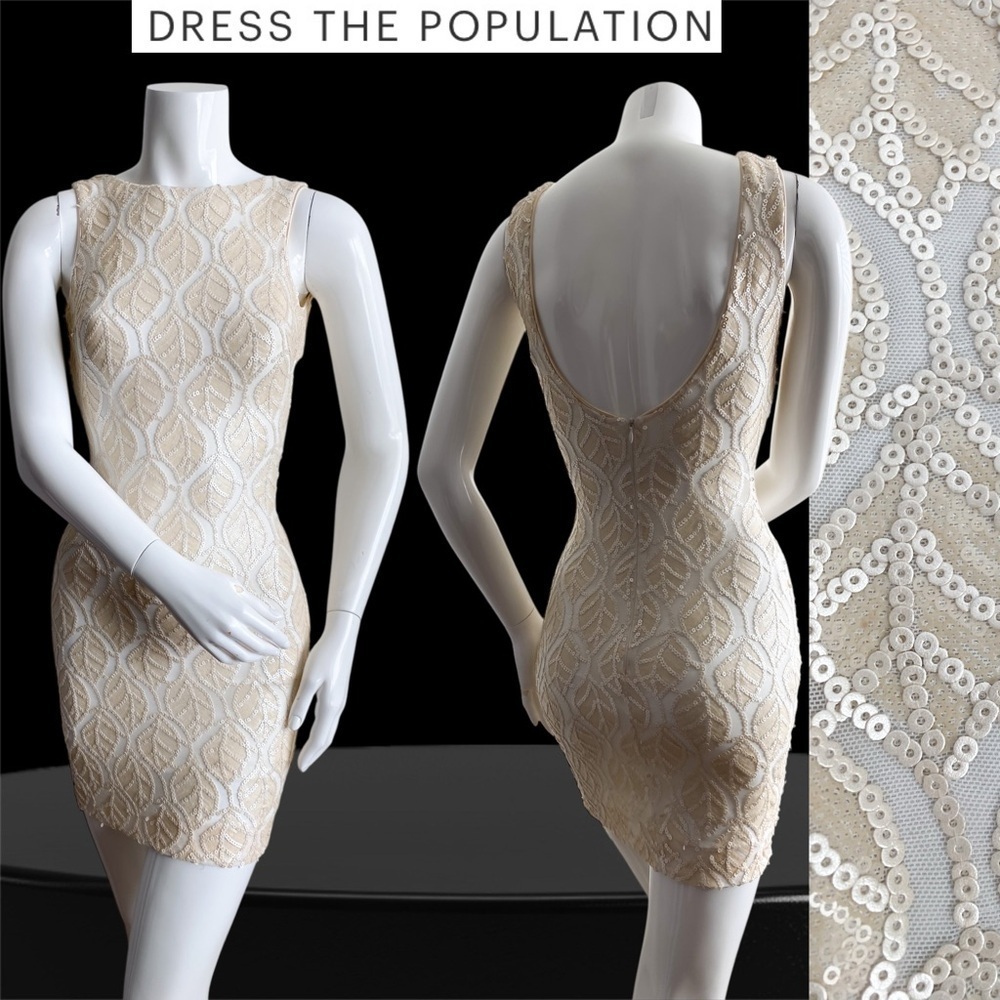 Dress the Population Cream Sequin Mini Formal Dress Open Back Sleeveless Bodycon